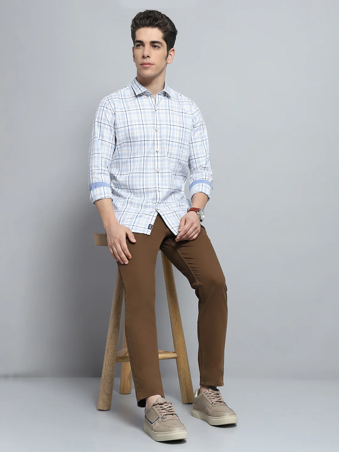 Men White Check Collar Full Sleeve Shirt - Image 2