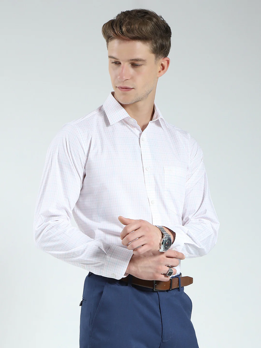 Men White Check Collar Full Sleeve Shirt - Image 4