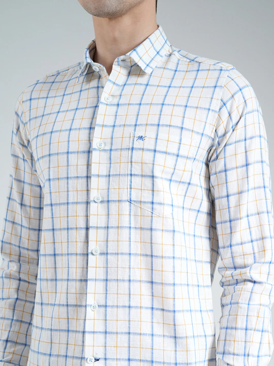 Men White Check Collar Full Sleeve Linen Shirt - Image 6