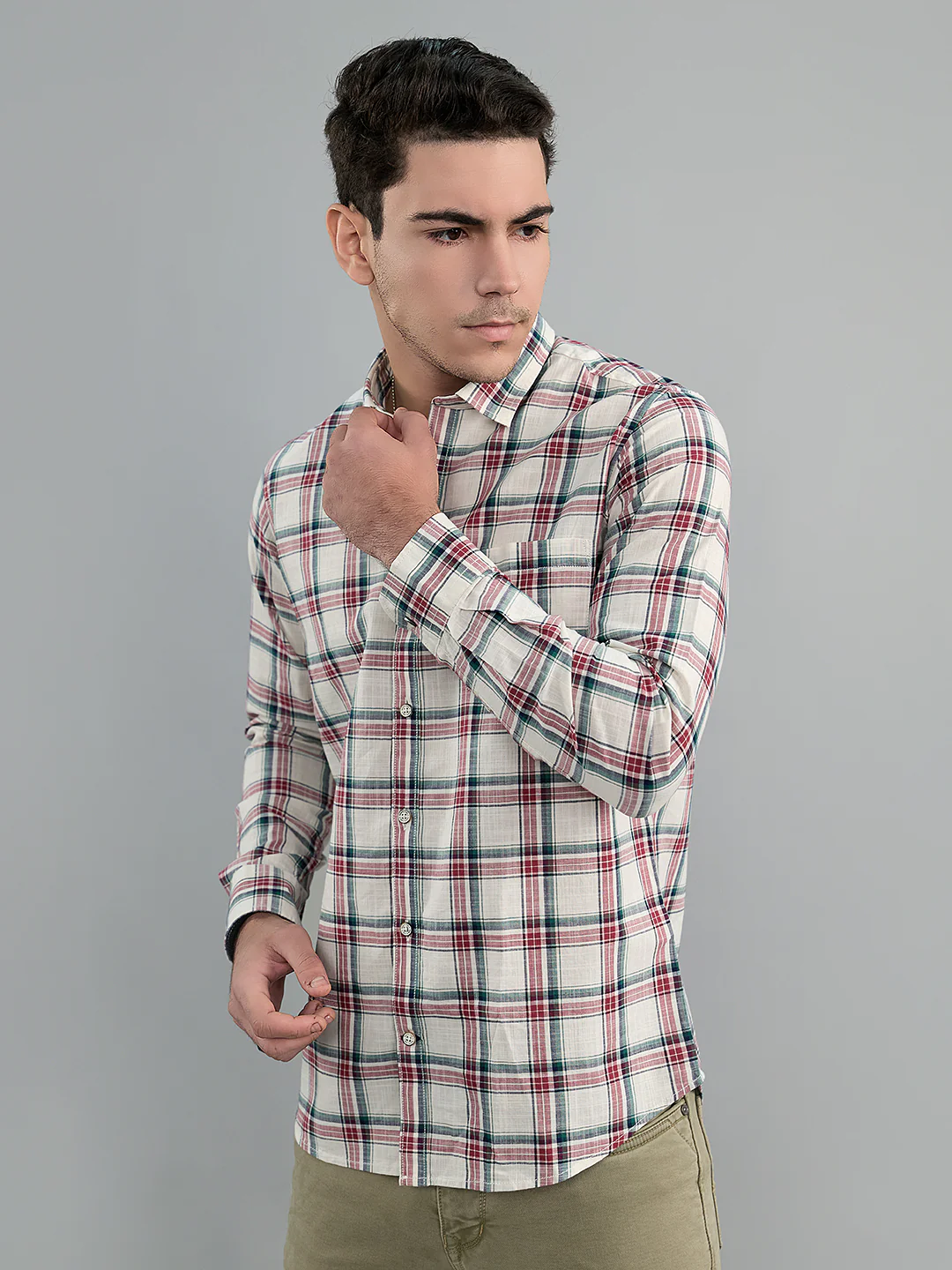 Men White Check Collar Full Sleeve Shirt - Image 3