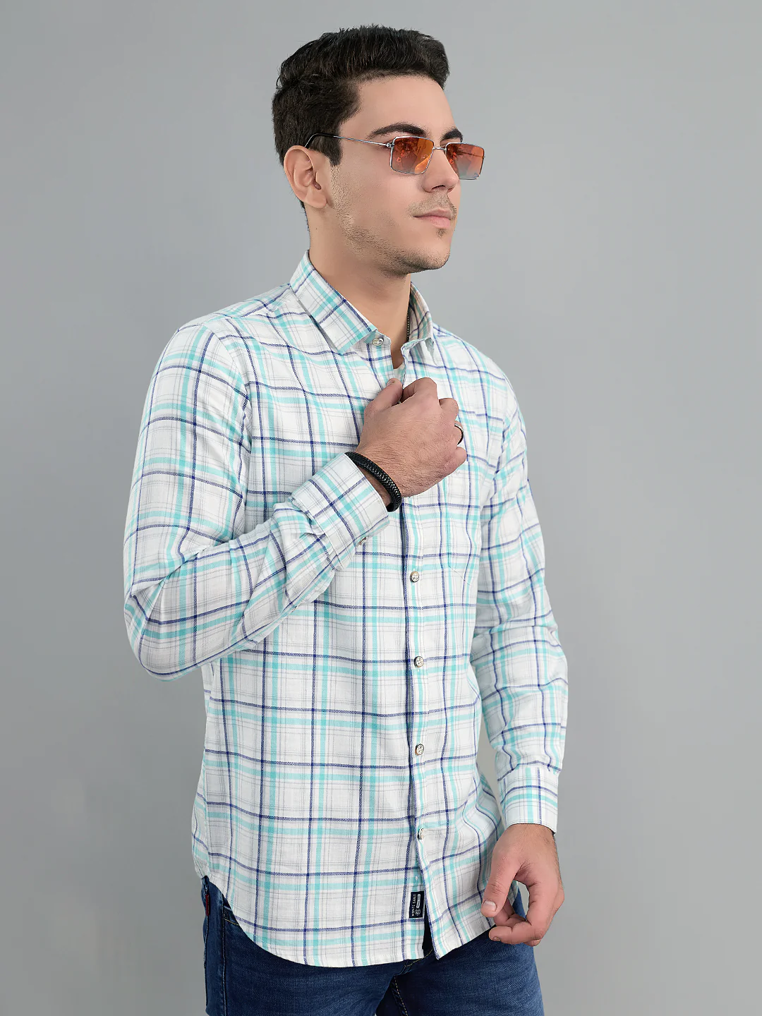 Men White Check Collar Full Sleeve Shirt - Image 2