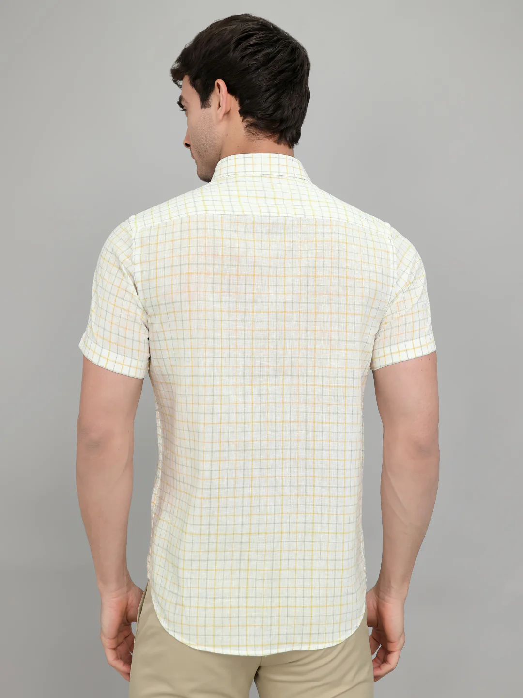 Men White Check Collar Half Sleeve Shirt - Image 5