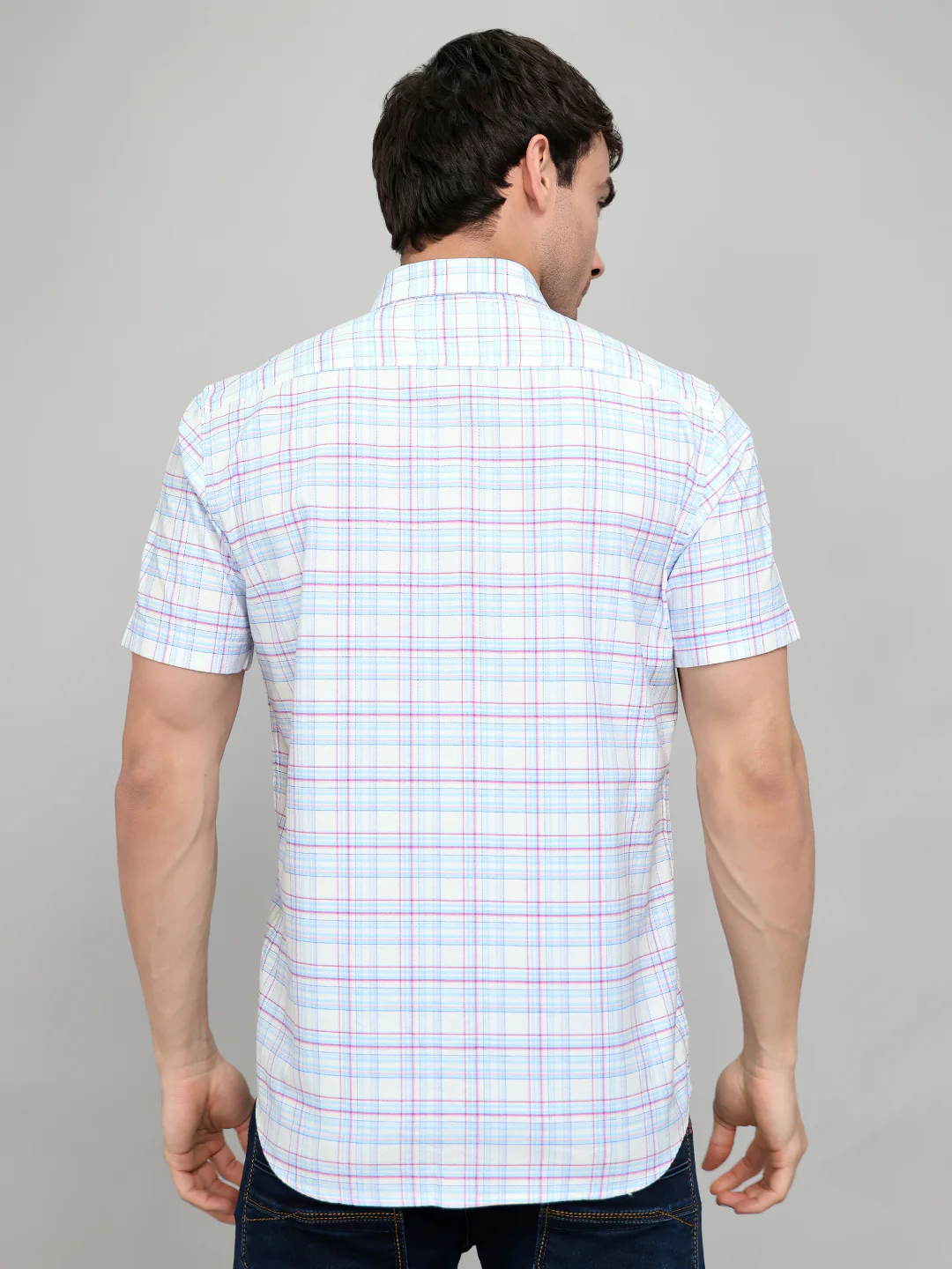 Men White Check Collar Half Sleeve Shirt - Image 5
