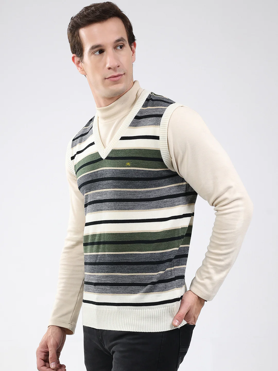 Men White & Grey Stripe V Neck Sleeveless Sweater - Image 3