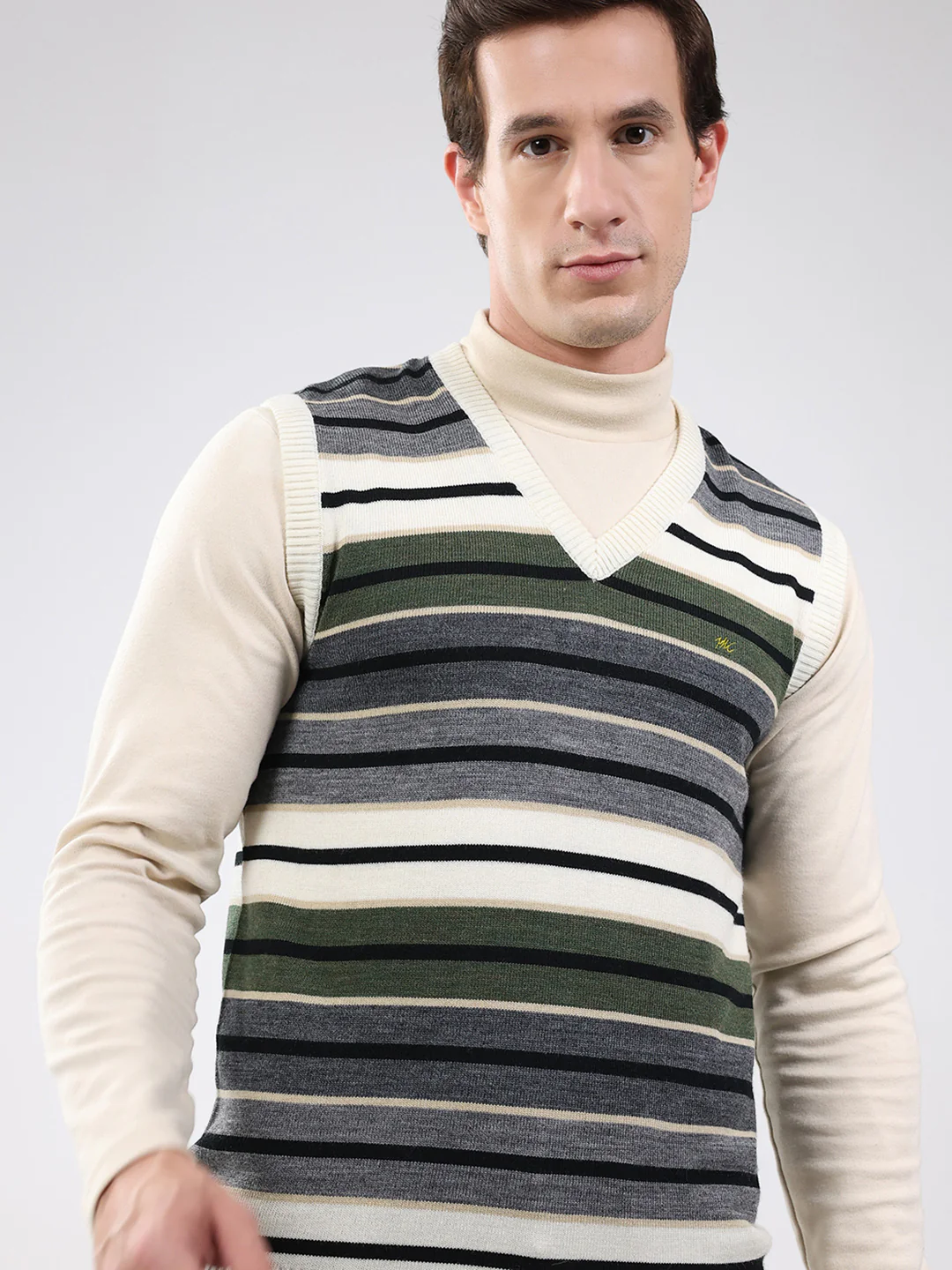 Men White & Grey Stripe V Neck Sleeveless Sweater - Image 7