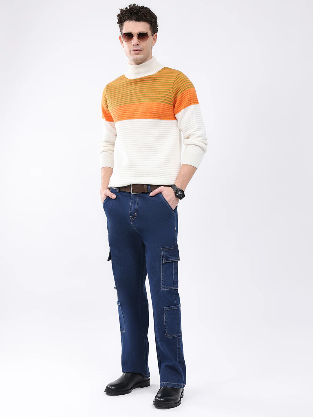 Men White & Orange Self Design High Neck Full Sleeve Pullover - Image 2