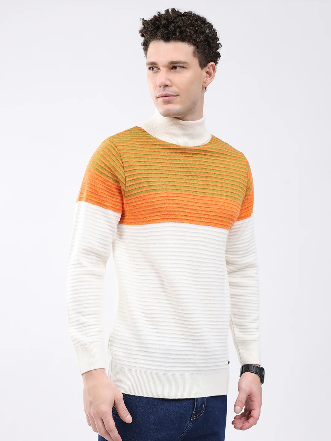 Men White & Orange Self Design High Neck Full Sleeve Pullover - Image 4