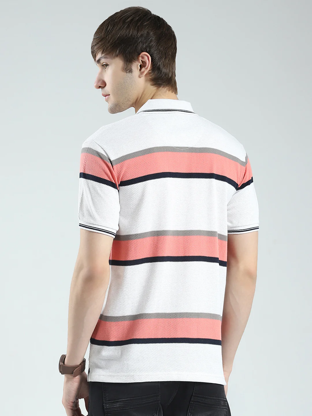 Men White & Orange Stripe Collar Half Sleeve T-Shirt - Image 5
