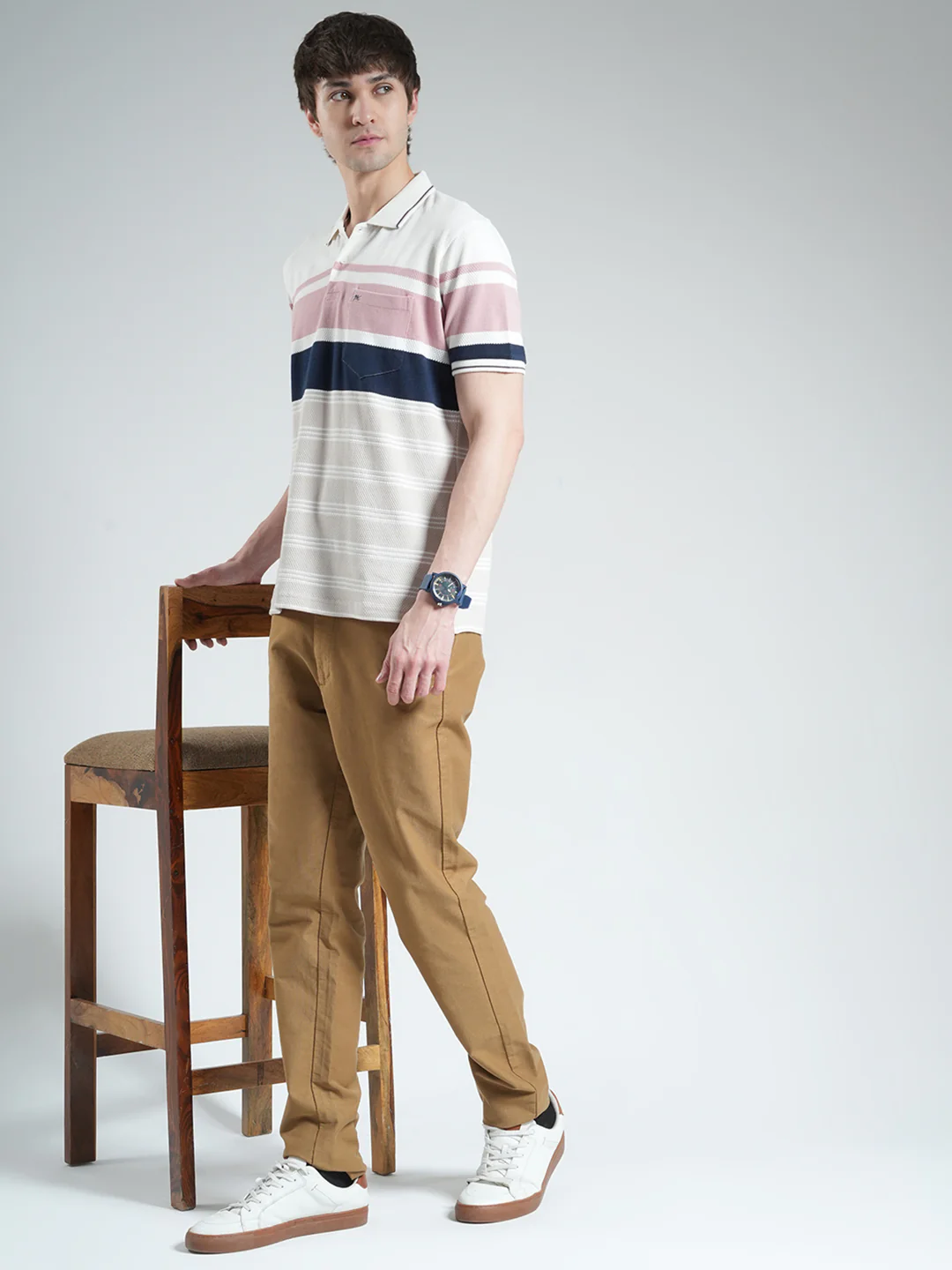 Men White & Pink Stripe Collar Half Sleeve T-Shirt - Image 2