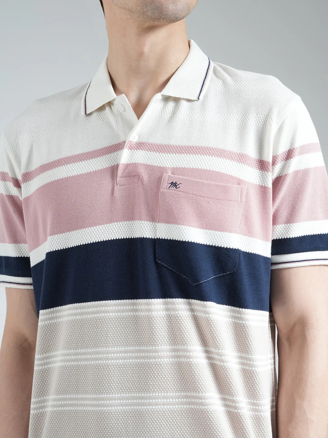 Men White & Pink Stripe Collar Half Sleeve T-Shirt - Image 6