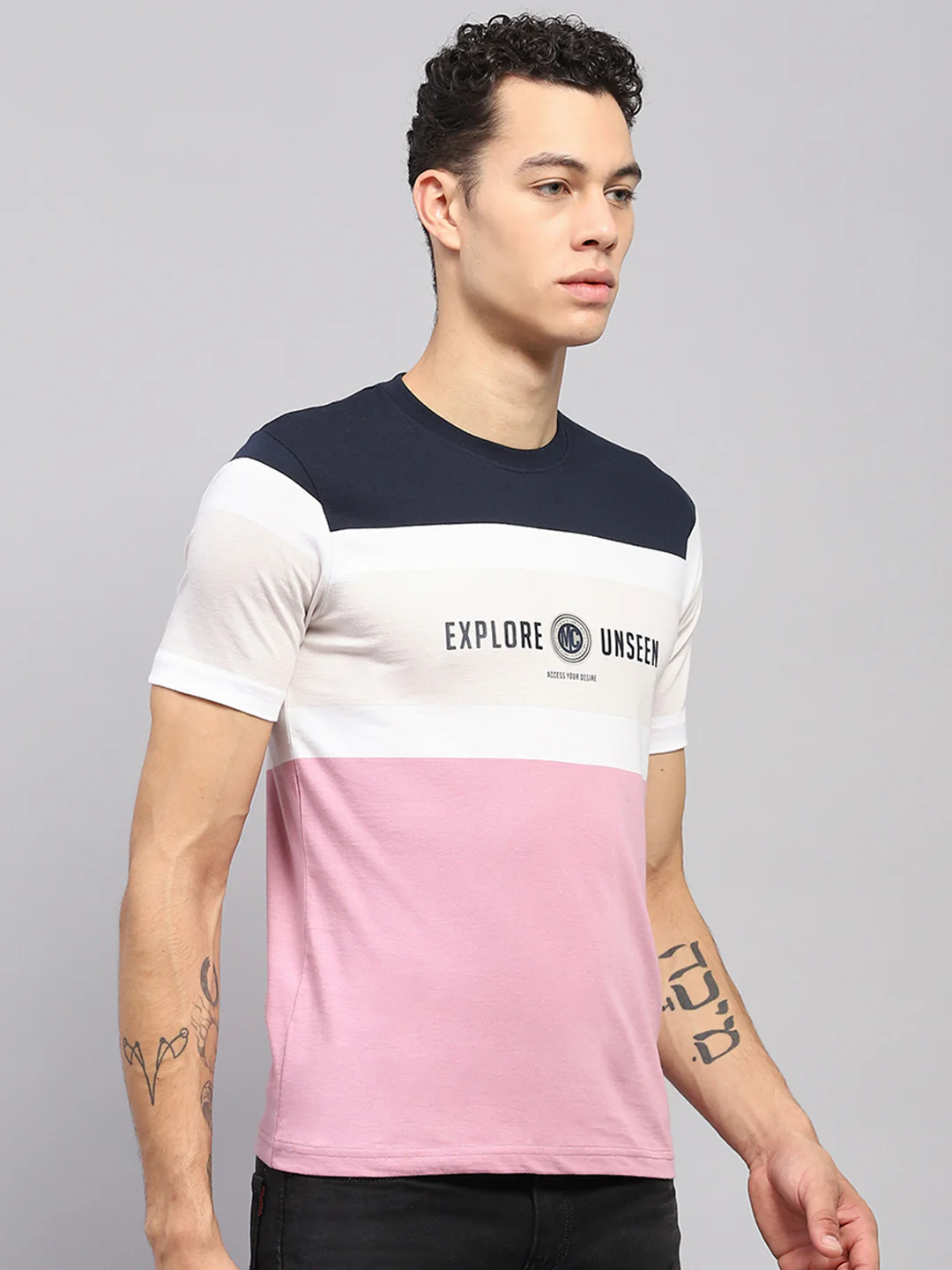 Men White & Pink Stripe Round Neck Half Sleeve T-Shirt - Image 4