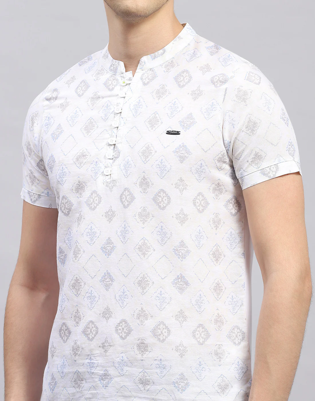 Men White Printed Band Collar Half Sleeve Kurta - Image 6