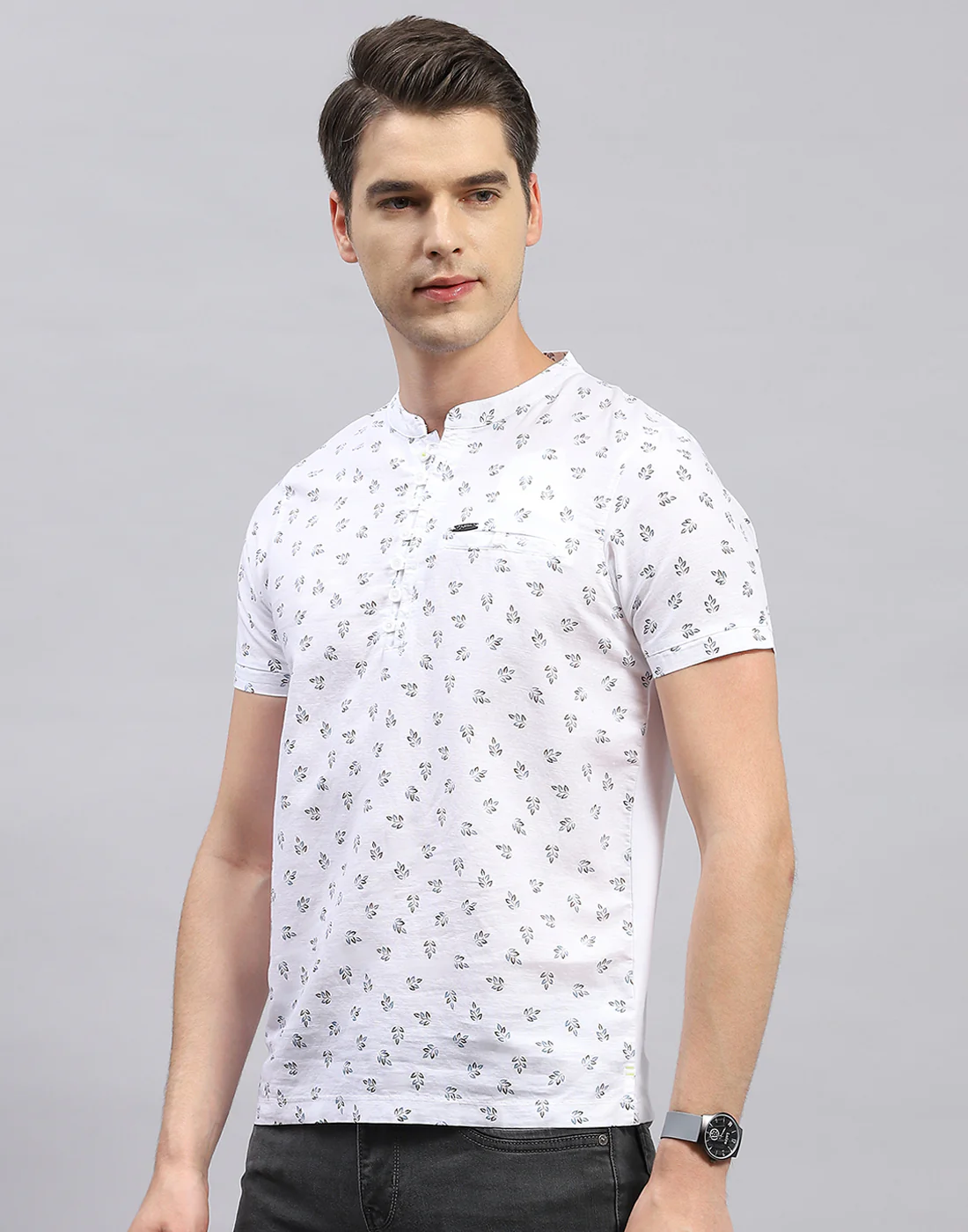 Men White Printed Band Collar Half Sleeve T-Shirt - Image 3