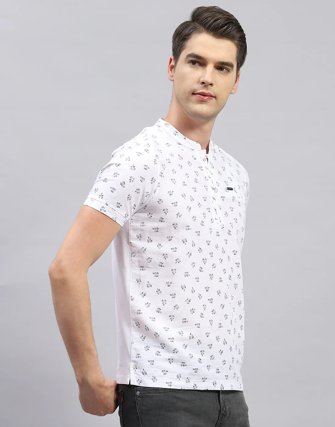 Men White Printed Band Collar Half Sleeve T-Shirt - Image 4
