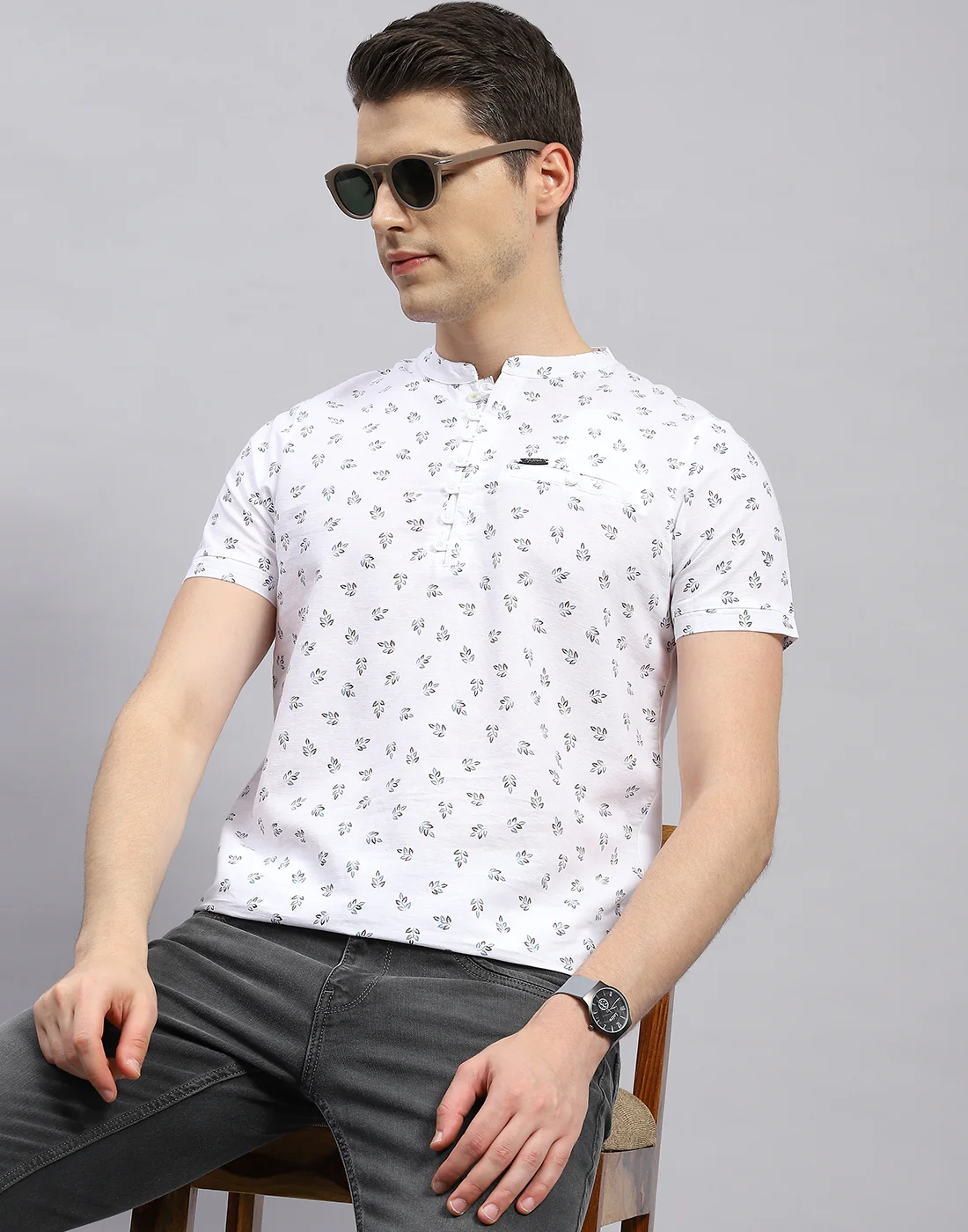 Men White Printed Band Collar Half Sleeve T-Shirt - Image 6