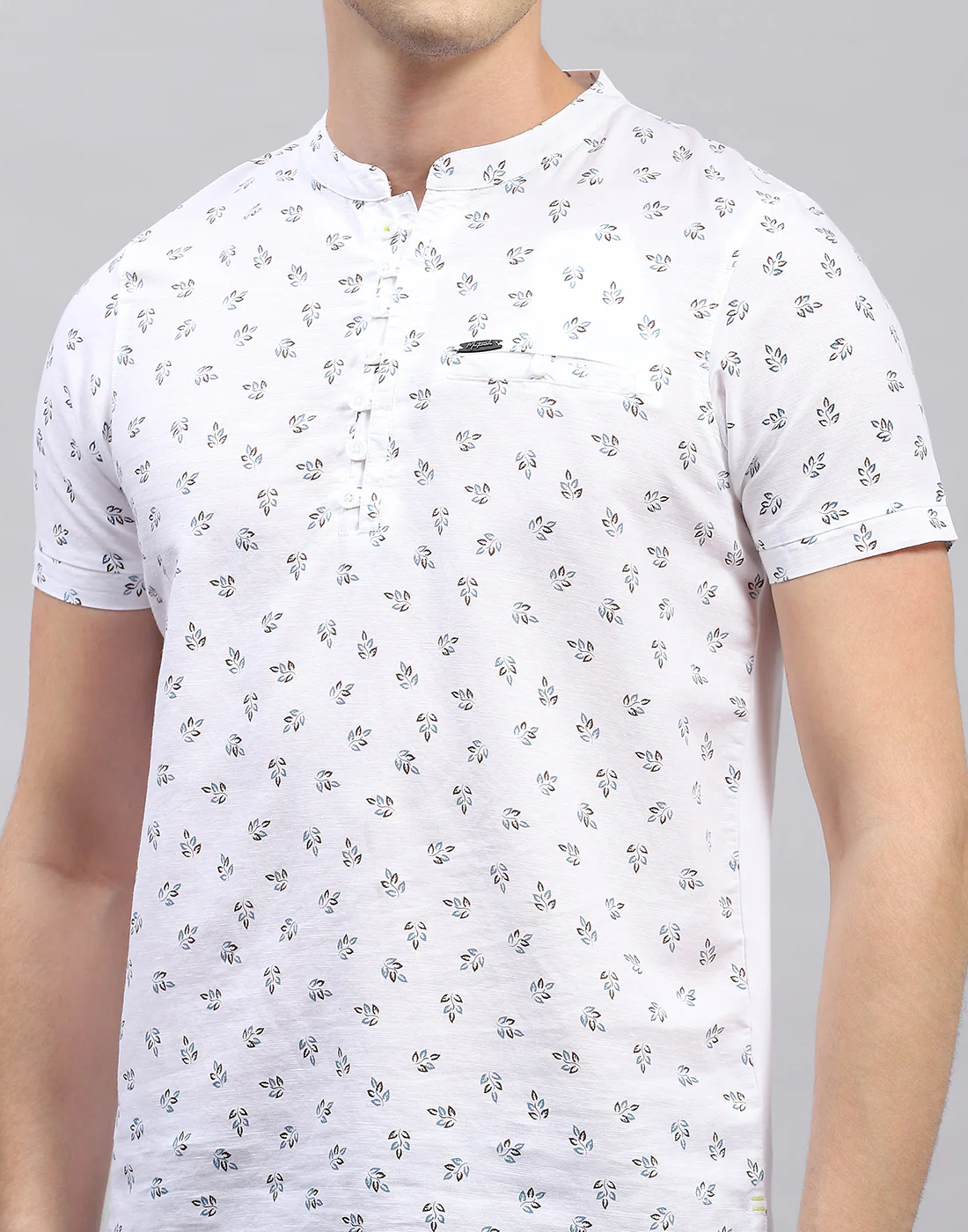 Men White Printed Band Collar Half Sleeve T-Shirt - Image 7
