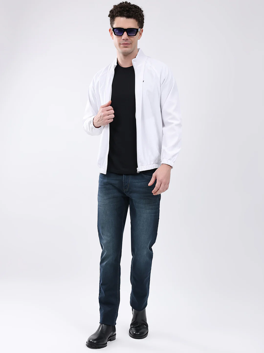 Men White Printed Collar Full Sleeve Jacket - Image 2