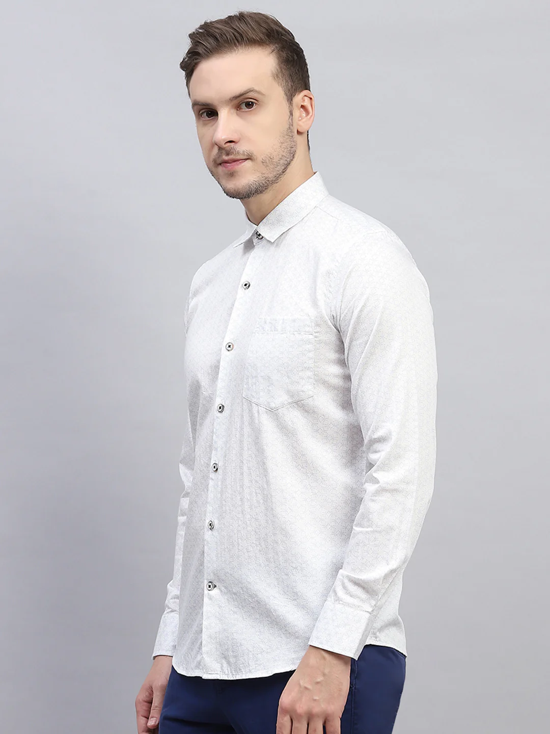 Men White Printed Collar Full Sleeve Shirt - Image 3