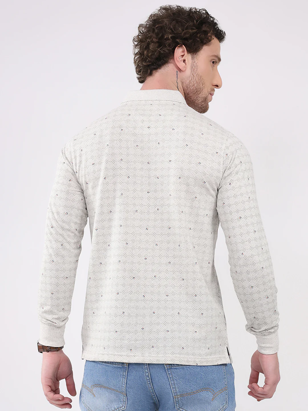 Men White Printed Collar Full Sleeve Winter T-Shirt - Image 5
