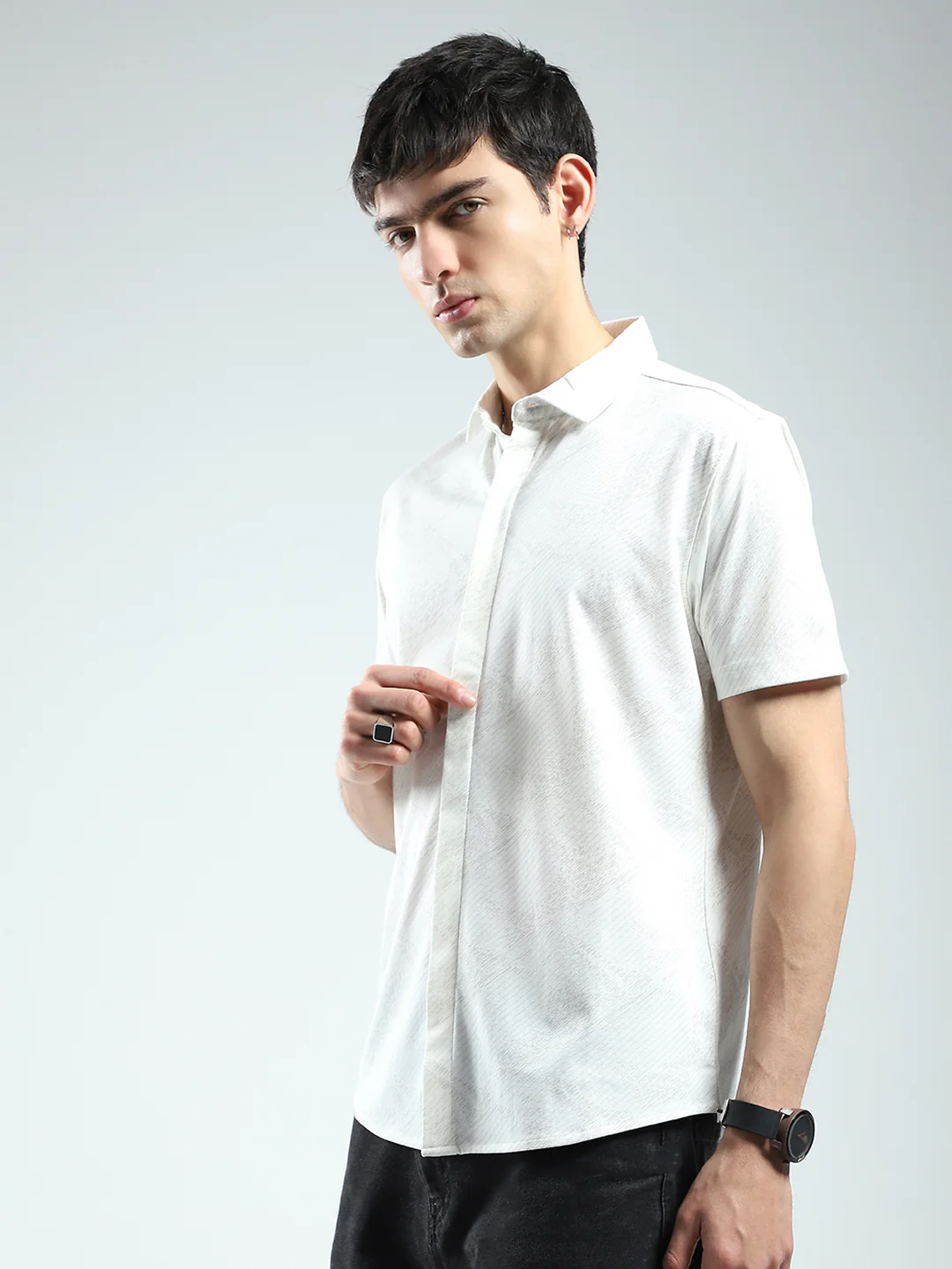 Men White Printed Collar Half Sleeve Shirt - Image 3