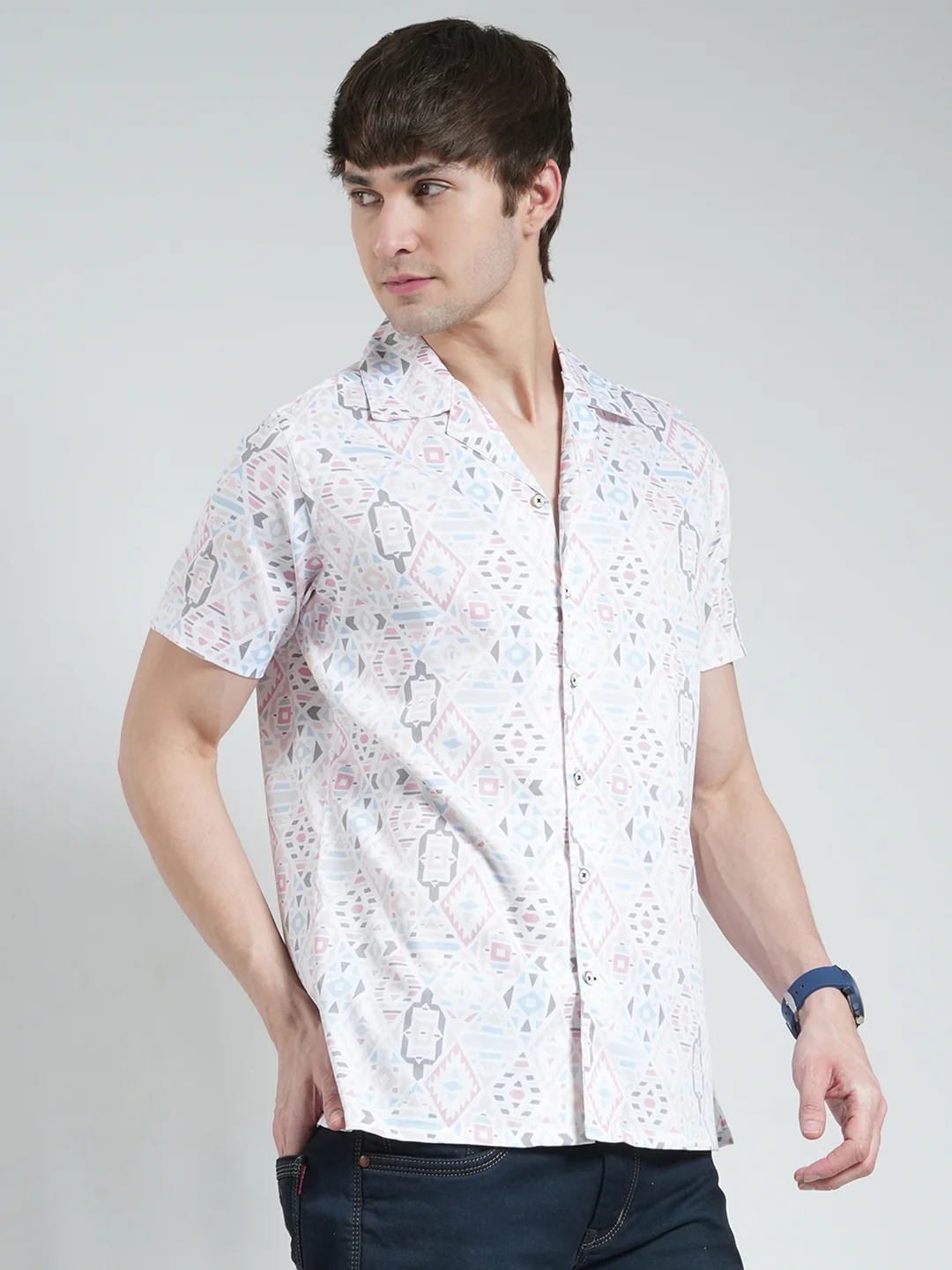 Men White Printed Collar Half Sleeve Shirt - Image 4