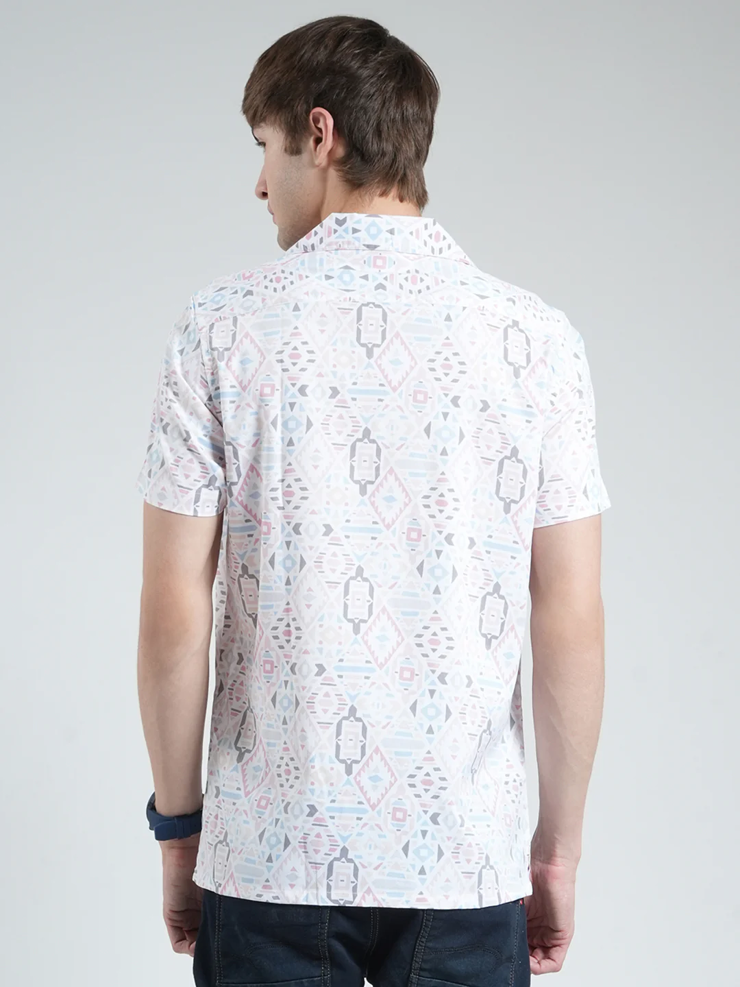 Men White Printed Collar Half Sleeve Shirt - Image 5