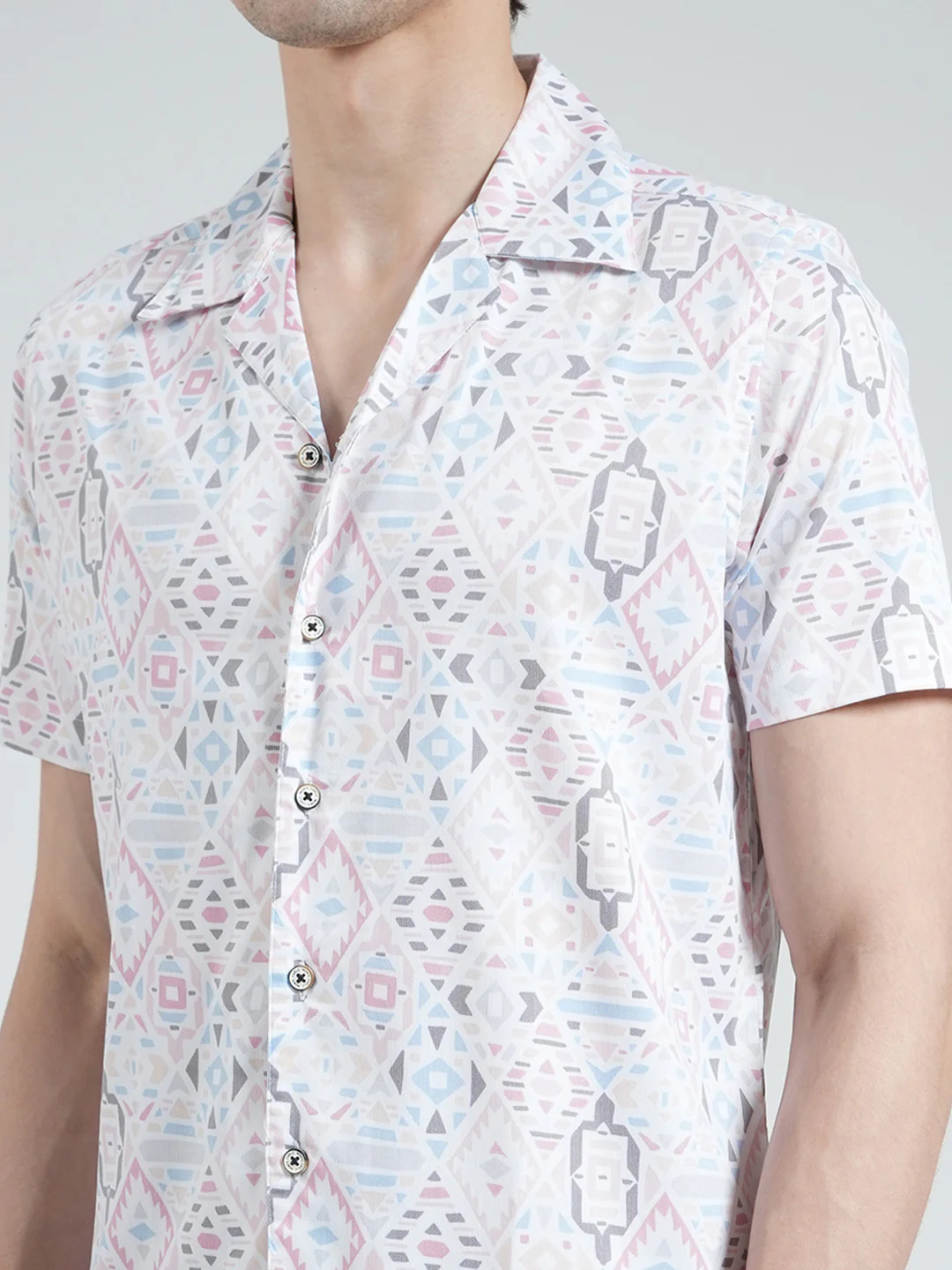 Men White Printed Collar Half Sleeve Shirt - Image 7