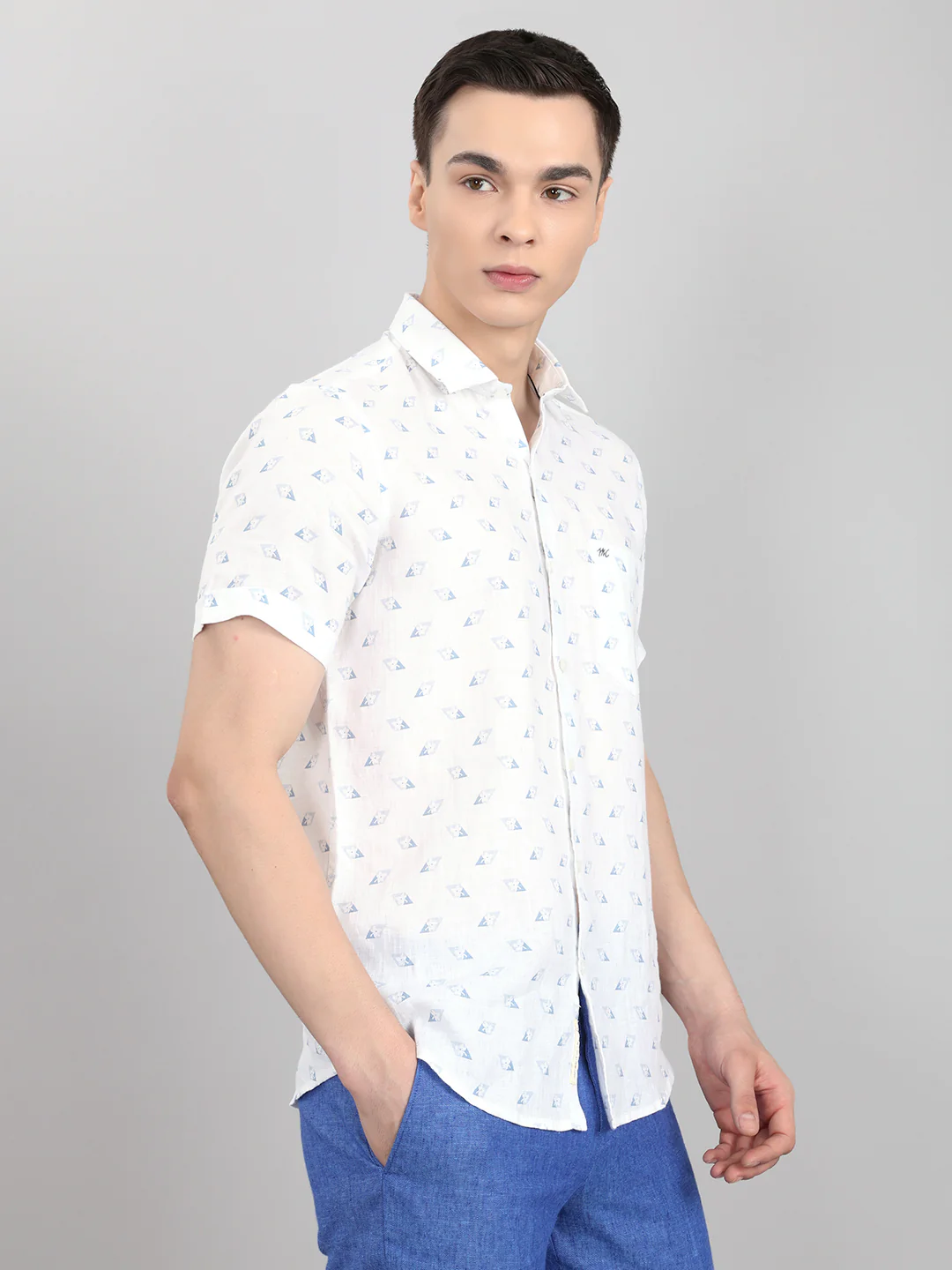 Men White Printed Collar Half Sleeve Shirt - Image 3