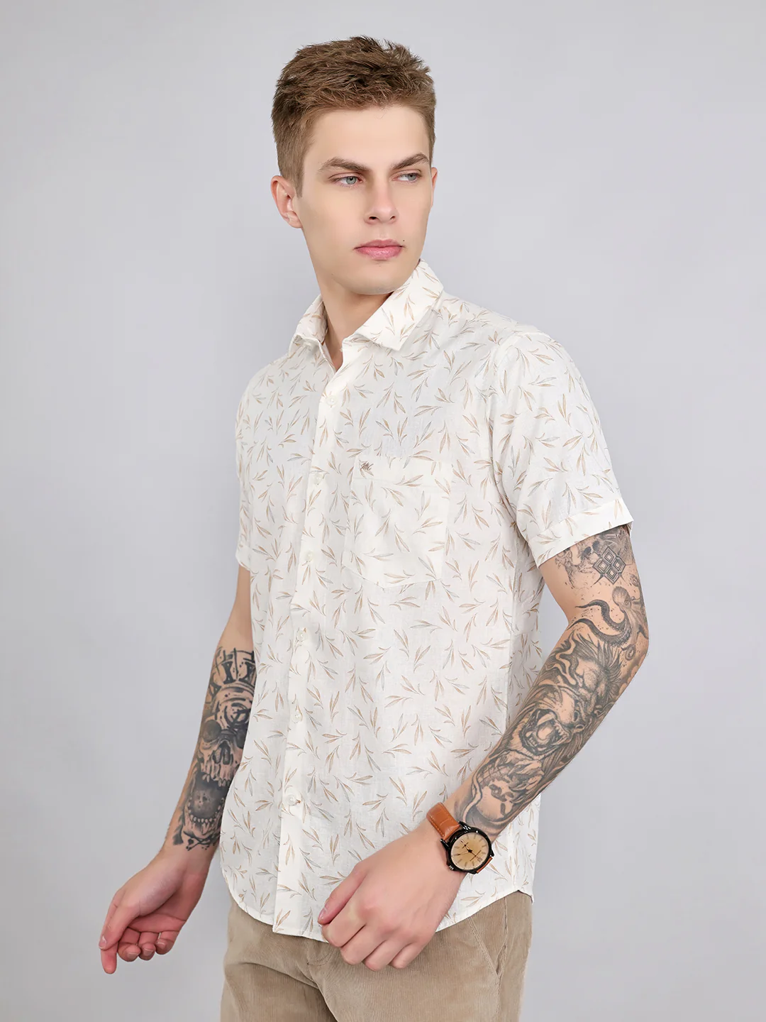 Men White Printed Collar Half Sleeve Shirt - Image 2