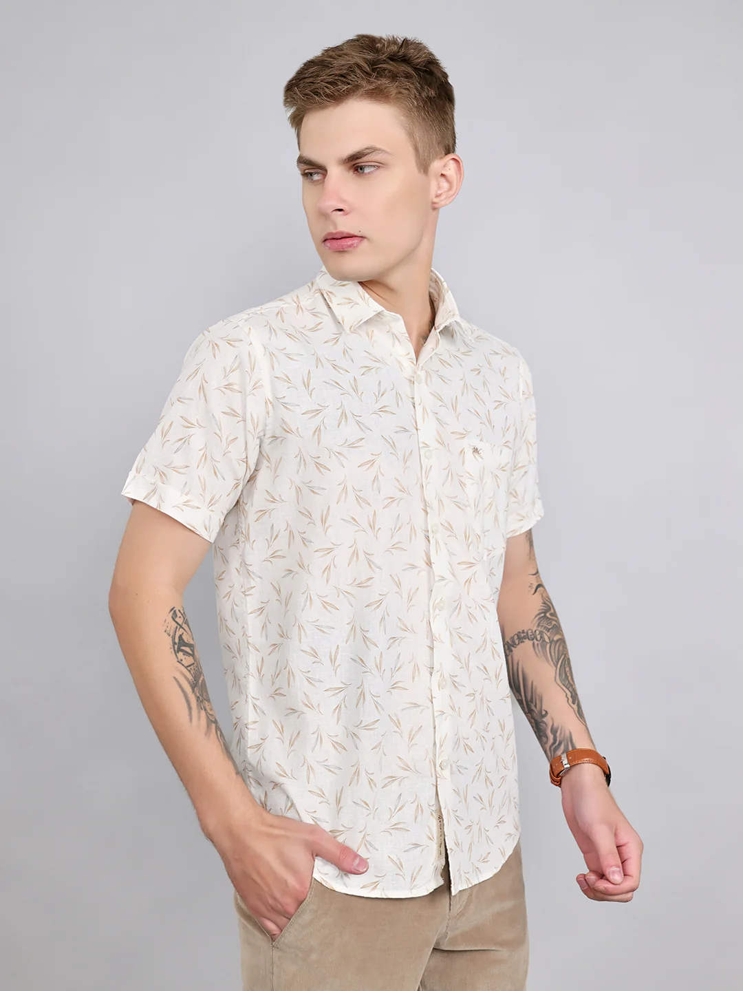 Men White Printed Collar Half Sleeve Shirt - Image 3
