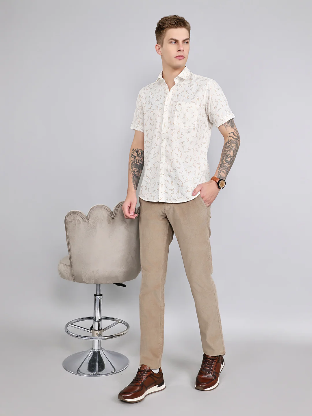 Men White Printed Collar Half Sleeve Shirt - Image 6