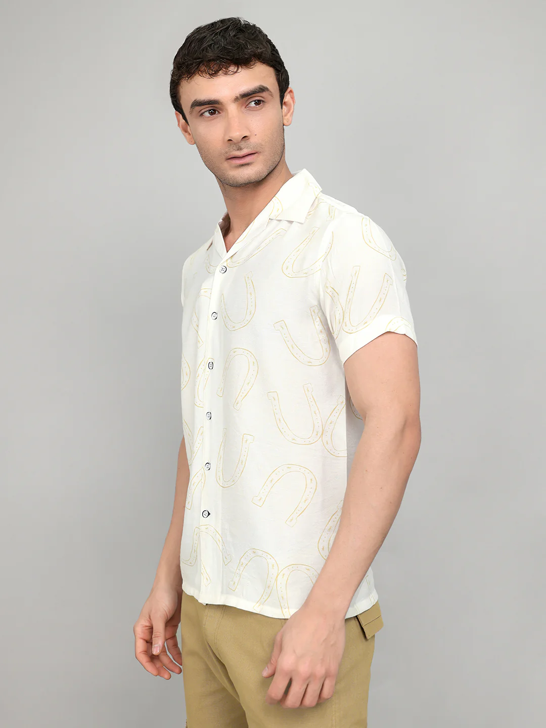 Men White Printed Collar Half Sleeve Shirt - Image 2