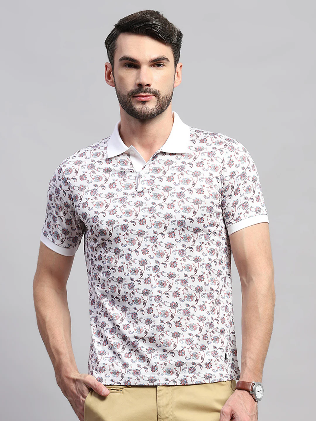 Men White Printed Collar Half Sleeve T-Shirt - Image 2