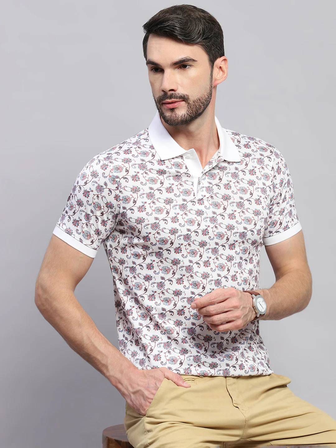 Men White Printed Collar Half Sleeve T-Shirt - Image 6