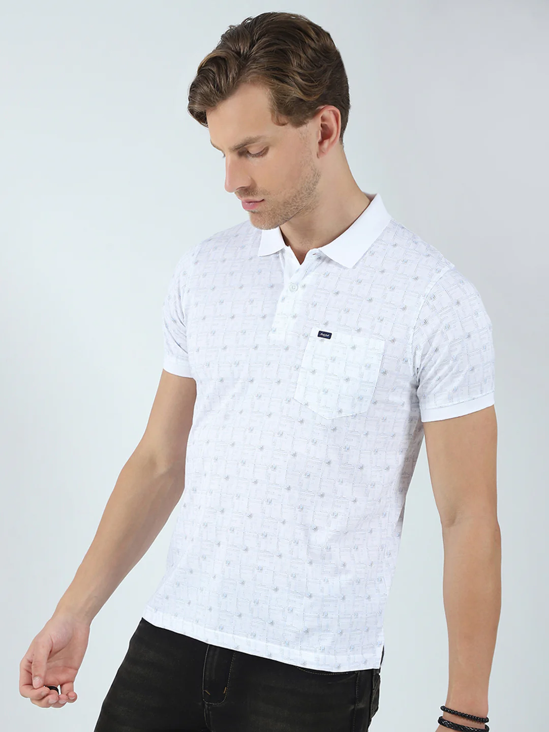 Men White Printed Collar Half Sleeve T-Shirt - Image 3