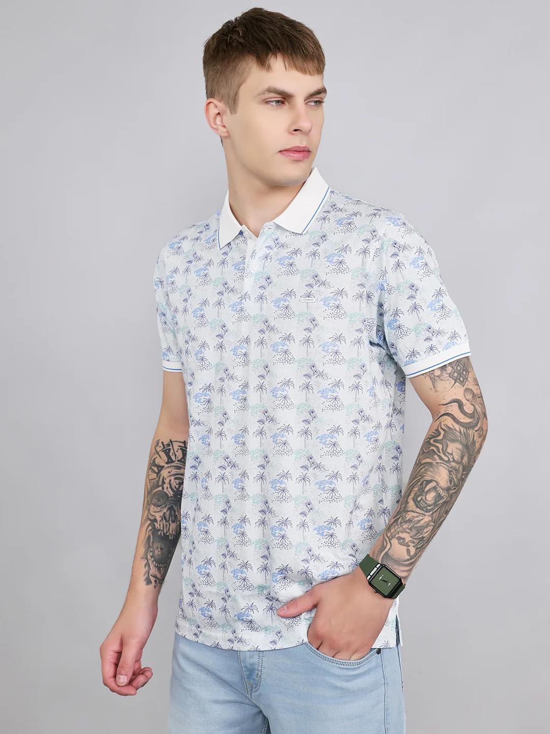 Men White Printed Collar Half Sleeve T-Shirt - Image 2