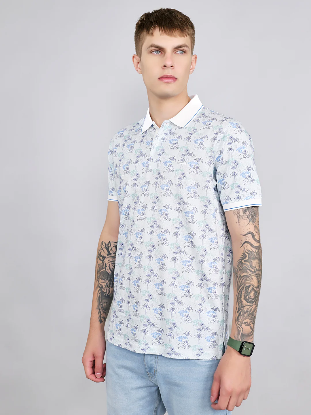 Men White Printed Collar Half Sleeve T-Shirt - Image 4