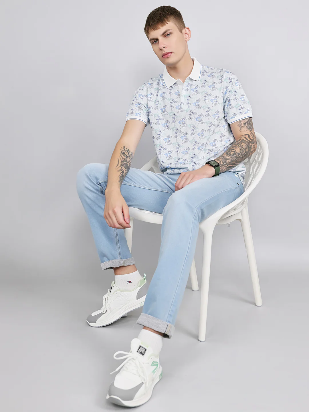 Men White Printed Collar Half Sleeve T-Shirt - Image 6