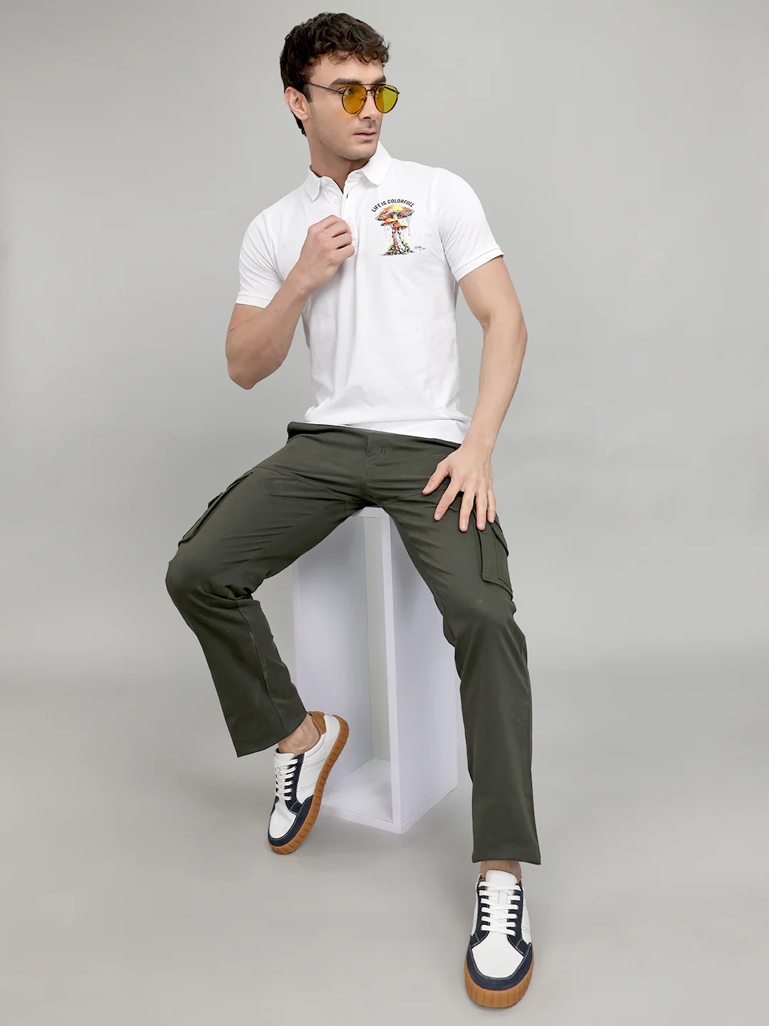 Men White Printed Collar Half Sleeve T-Shirt - Image 6