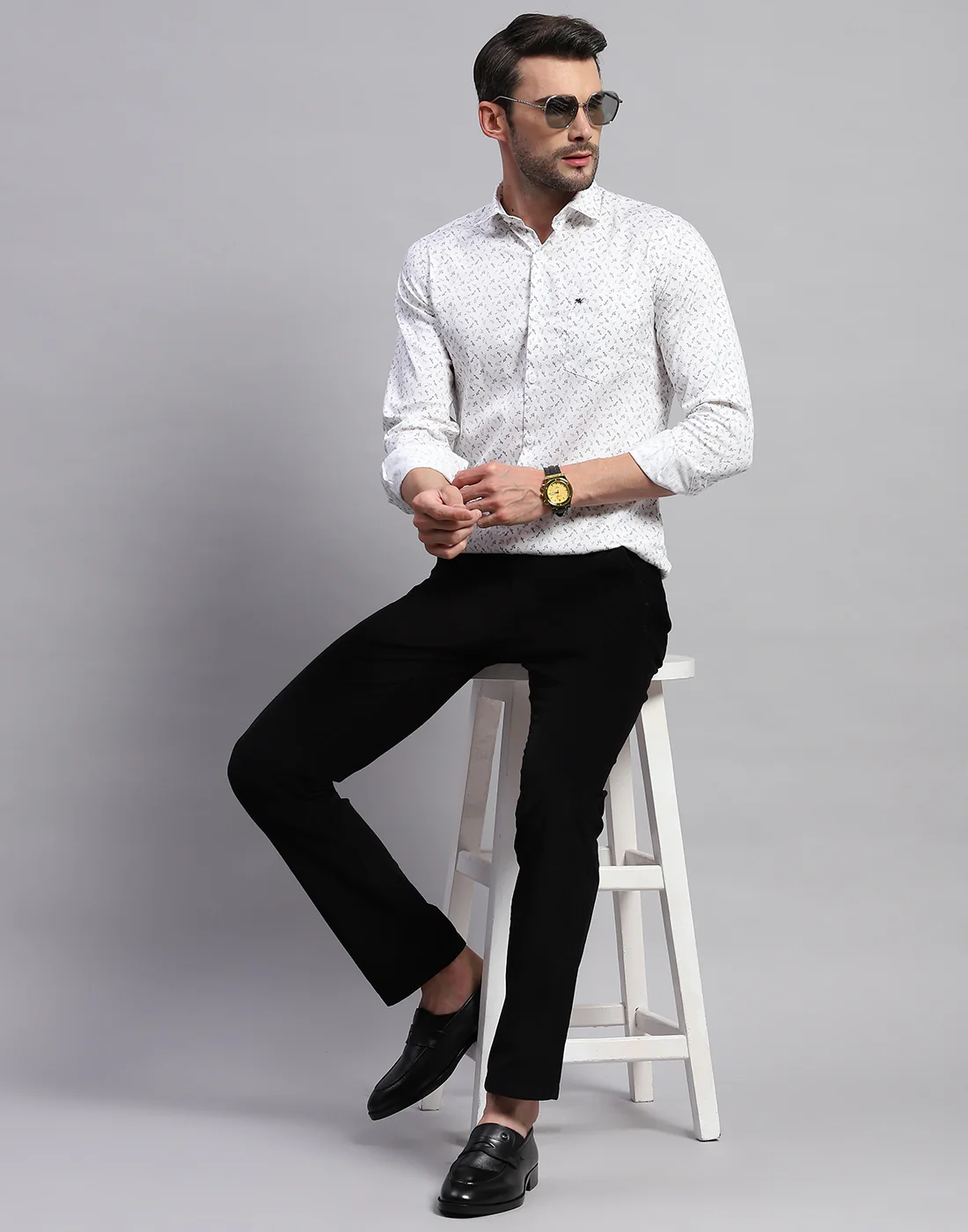 Men White Printed Collar Neck Full Sleeve Shirt - Image 2