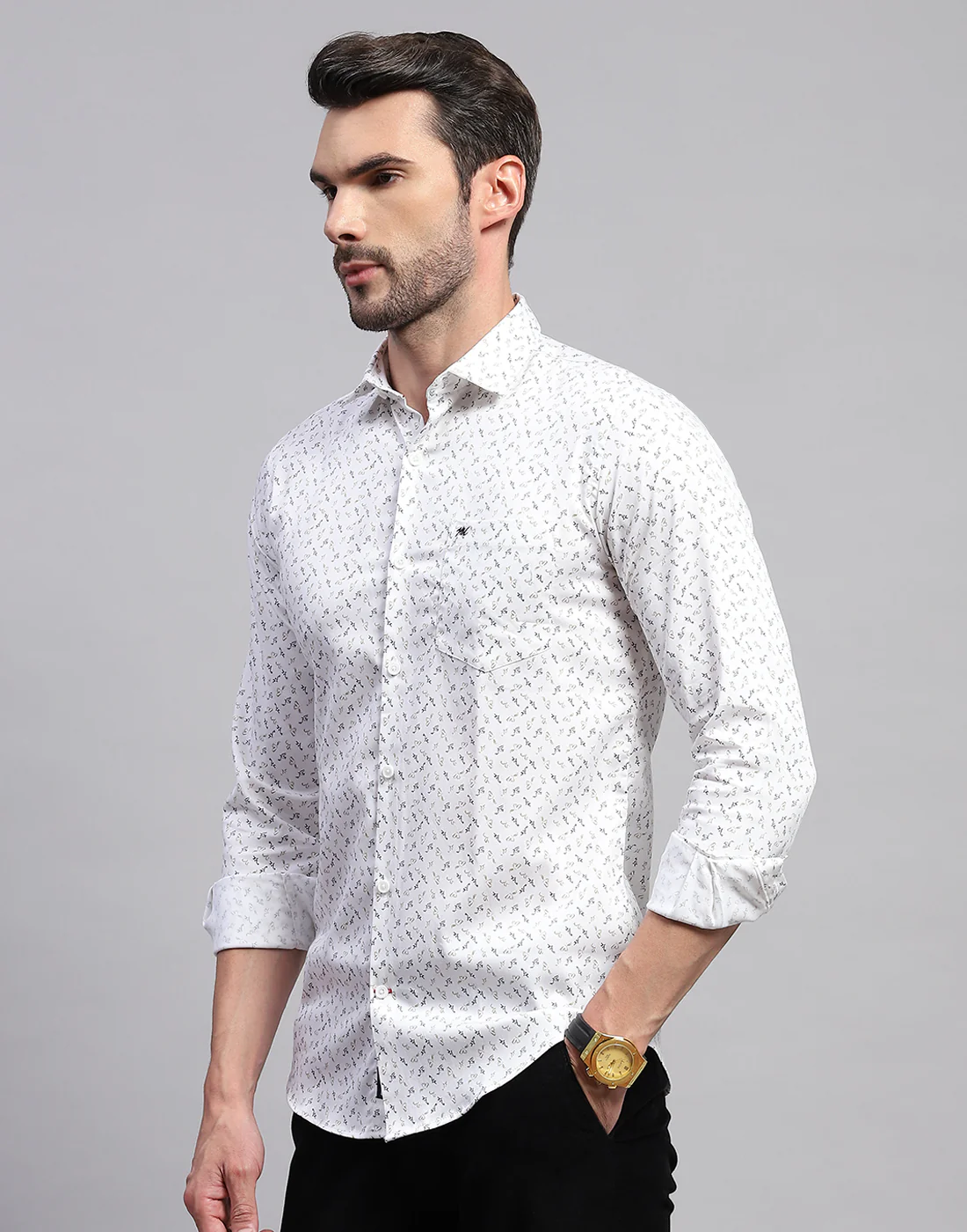 Men White Printed Collar Neck Full Sleeve Shirt - Image 3