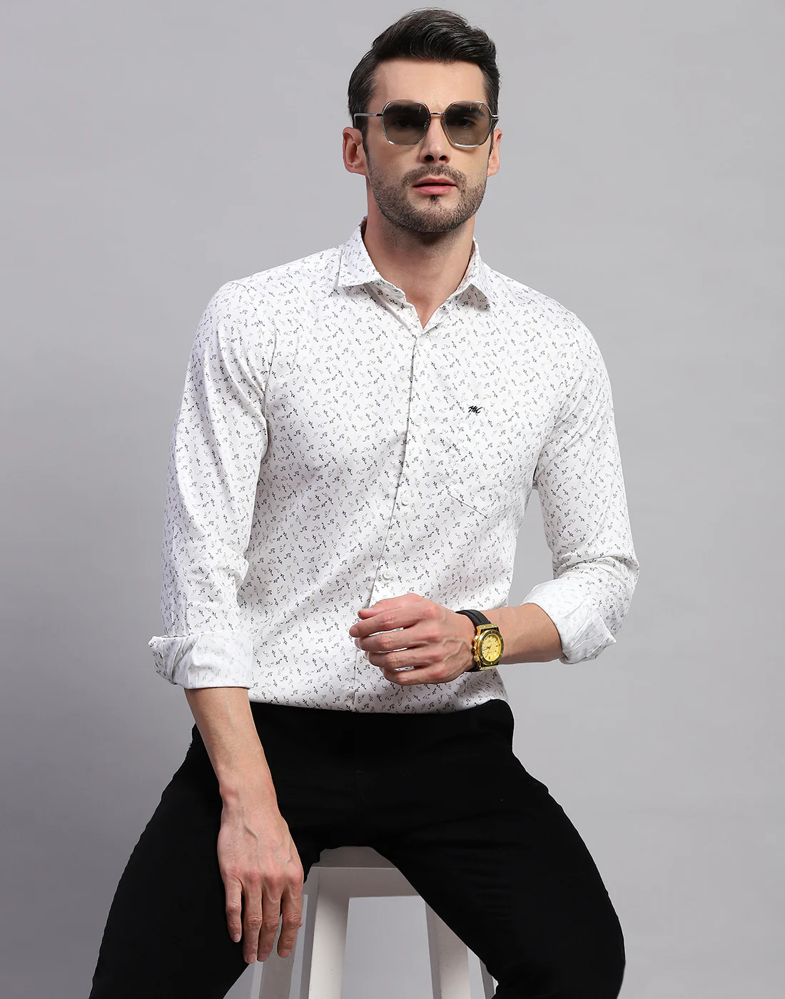 Men White Printed Collar Neck Full Sleeve Shirt - Image 6