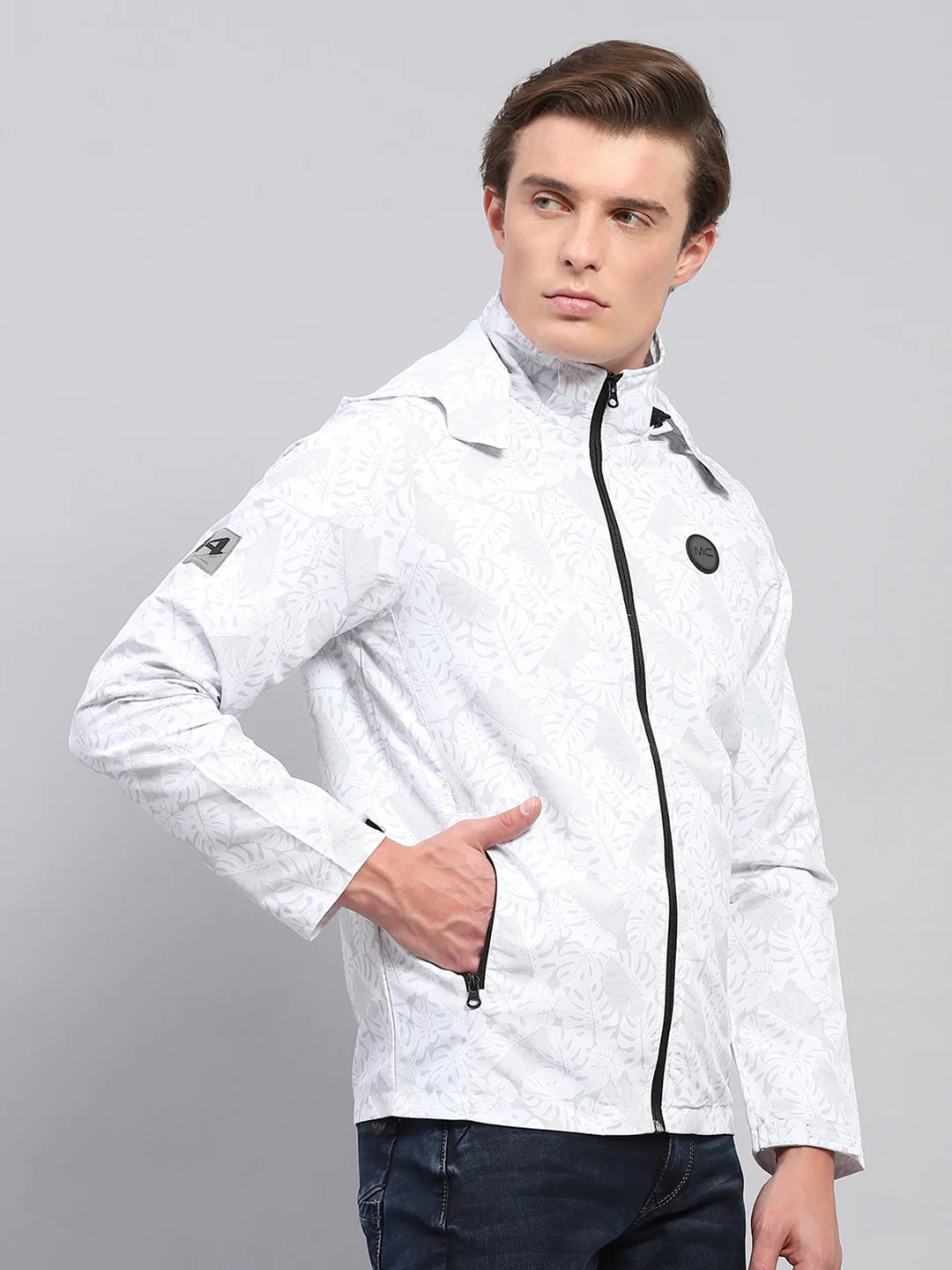 Men White Printed Detachable Hood Full Sleeve Jacket - Image 4