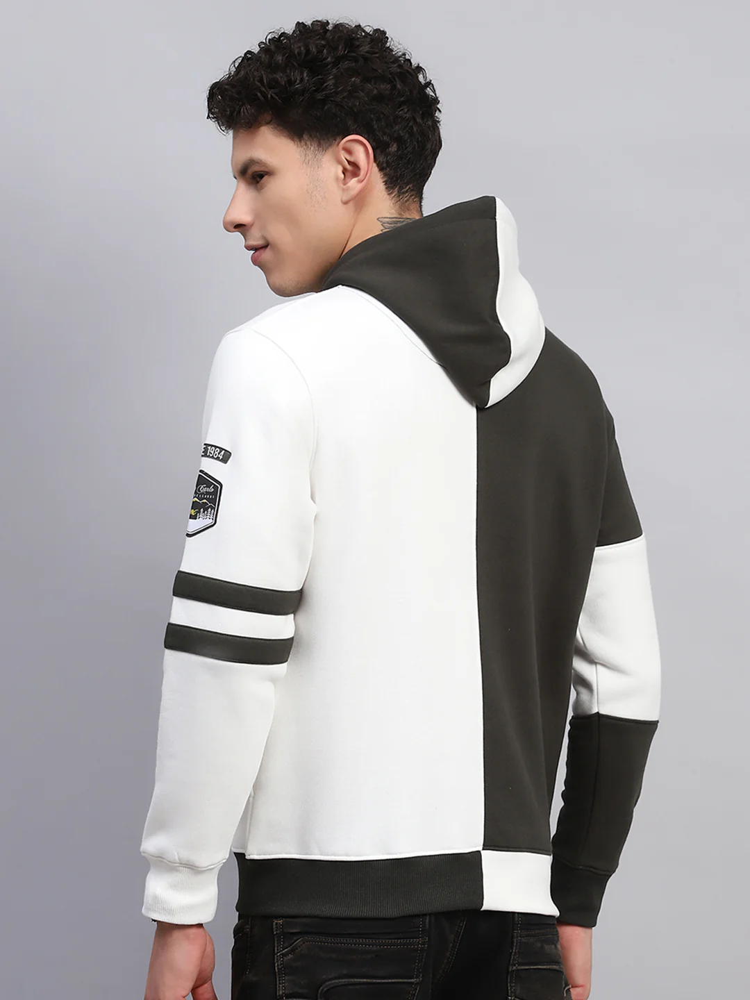 Men White Printed Hooded Full Sleeve Sweatshirt - Image 5