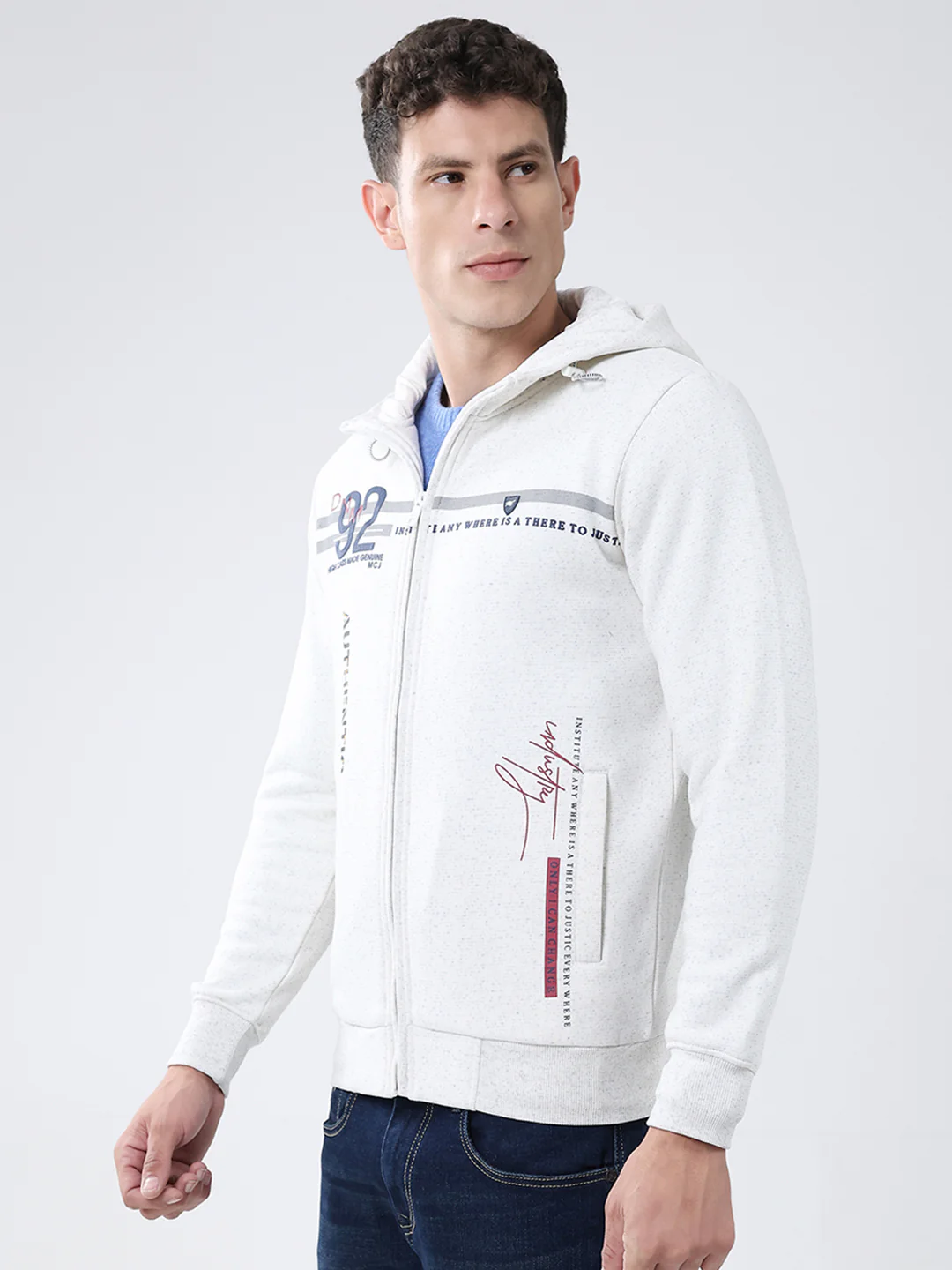 Men White Printed Hooded Full Sleeve Sweatshirt - Image 3