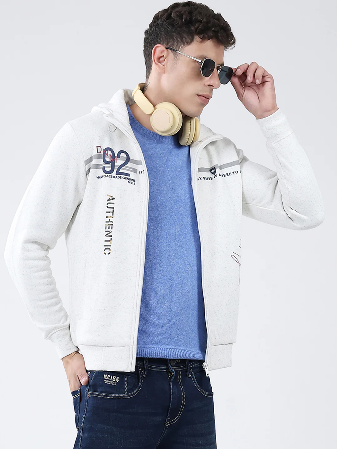 Men White Printed Hooded Full Sleeve Sweatshirt - Image 5