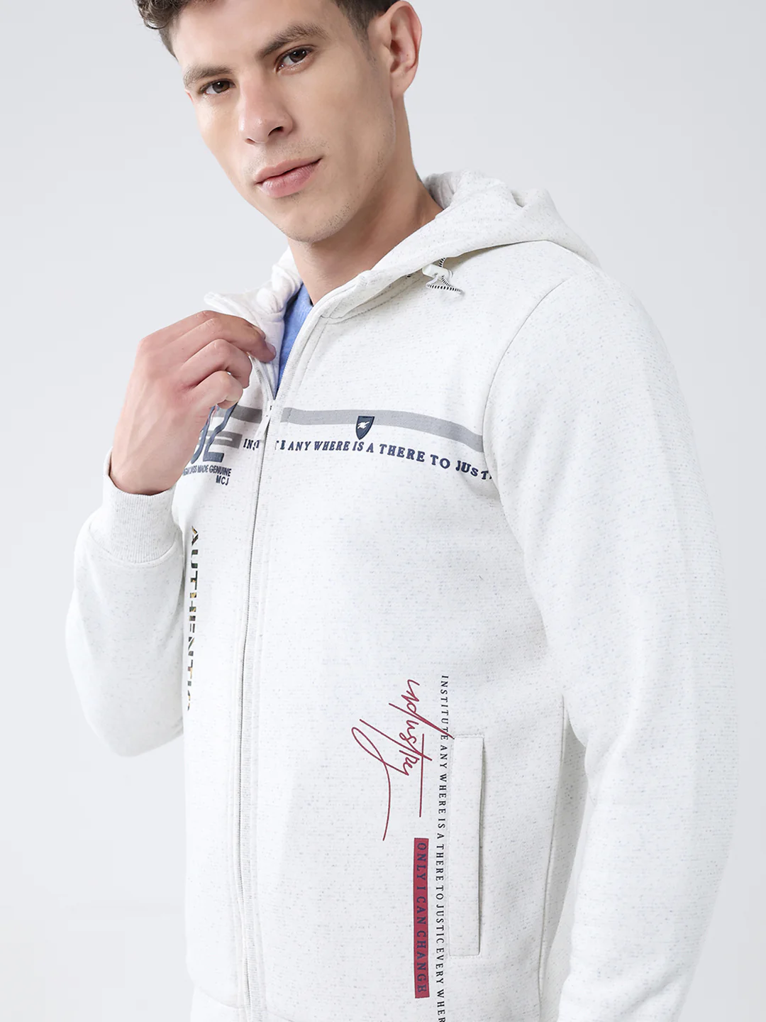 Men White Printed Hooded Full Sleeve Sweatshirt - Image 6