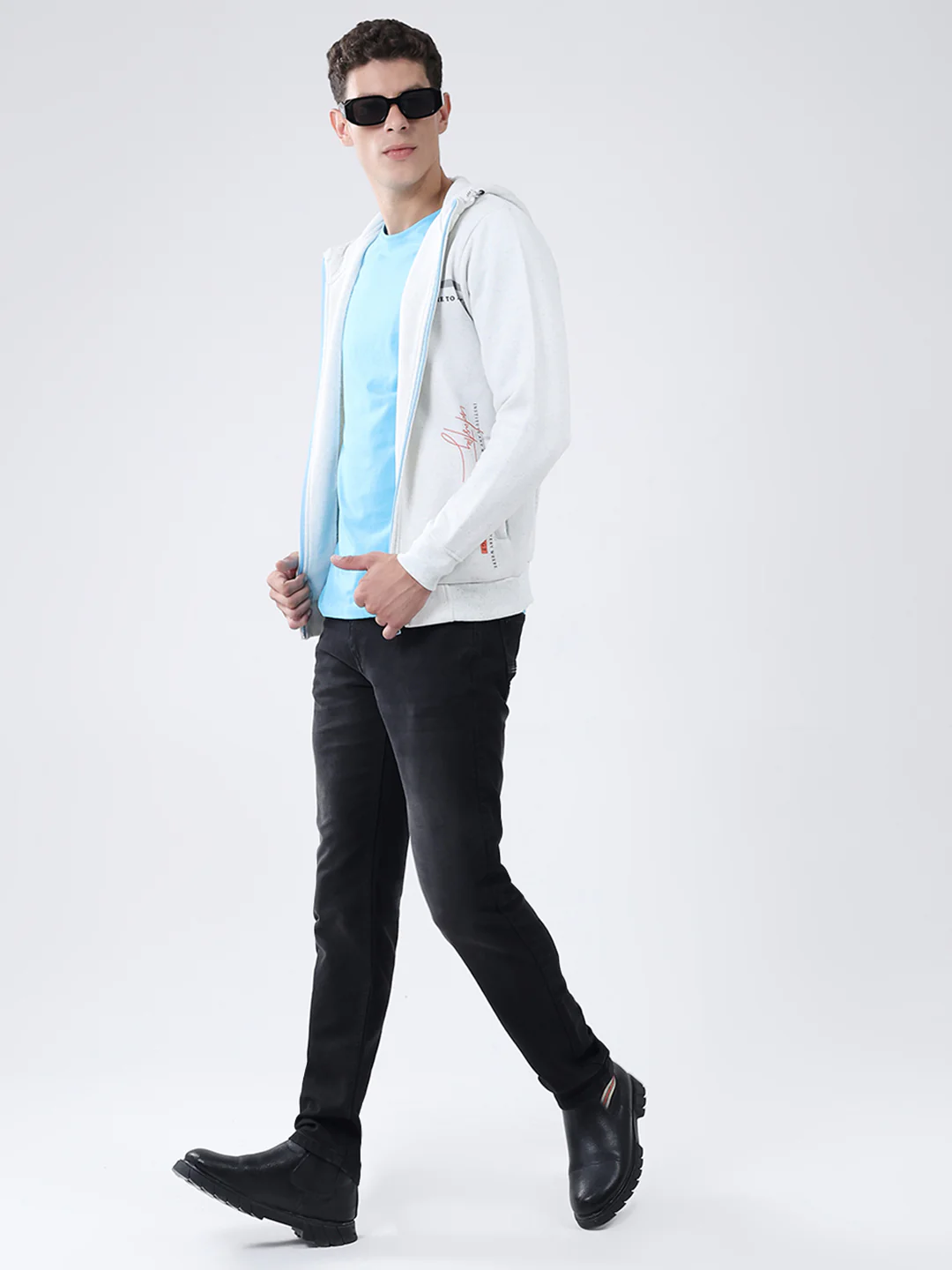 Men White Printed Hooded Full Sleeve Sweatshirt - Image 2