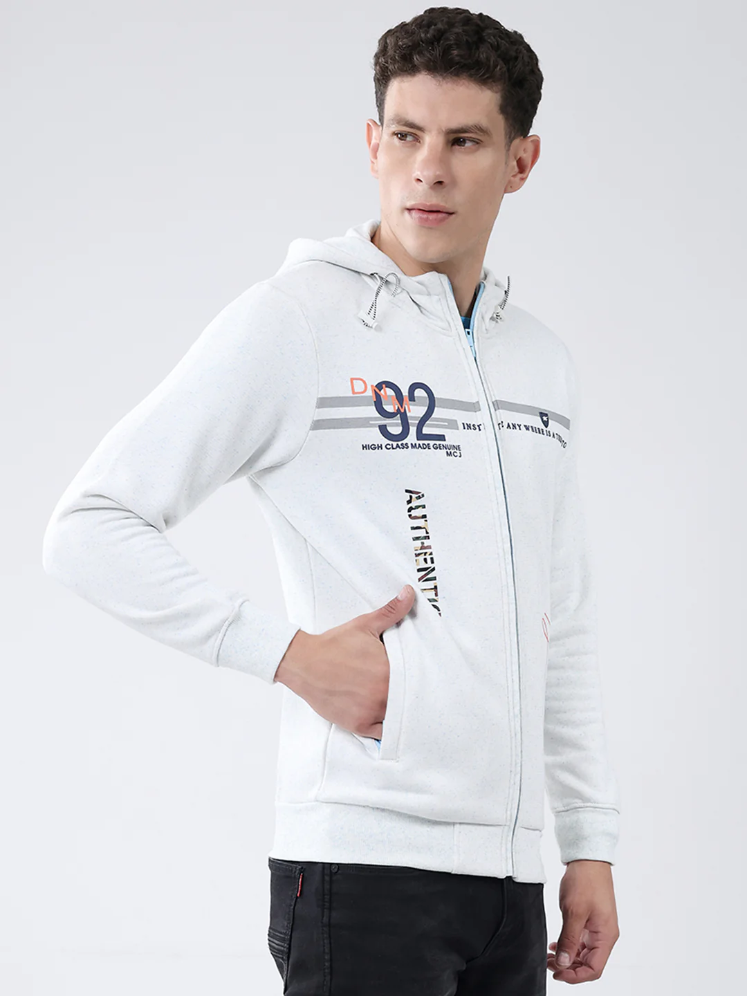 Men White Printed Hooded Full Sleeve Sweatshirt - Image 4
