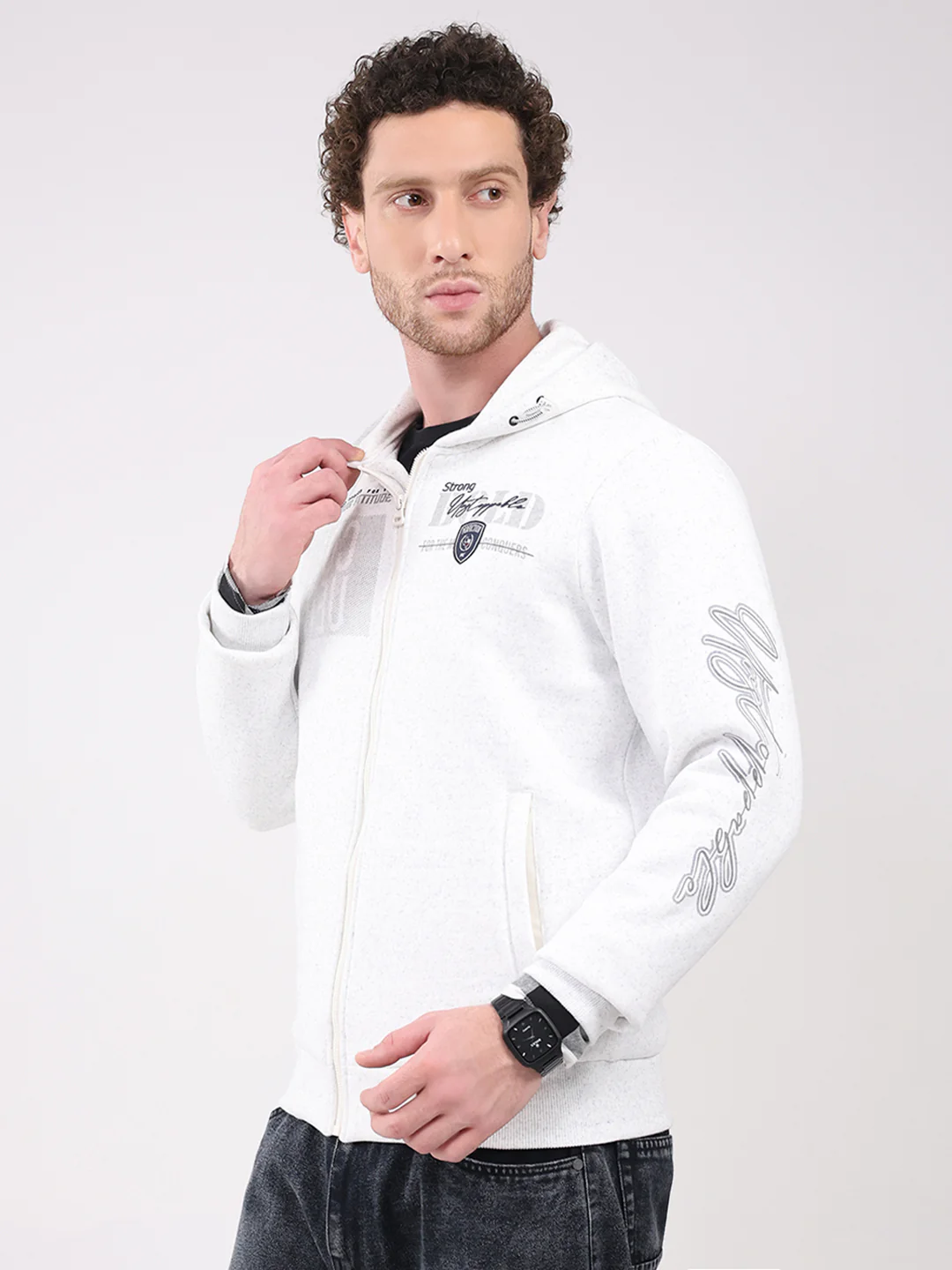 Men White Printed Hooded Full Sleeve Sweatshirt - Image 3